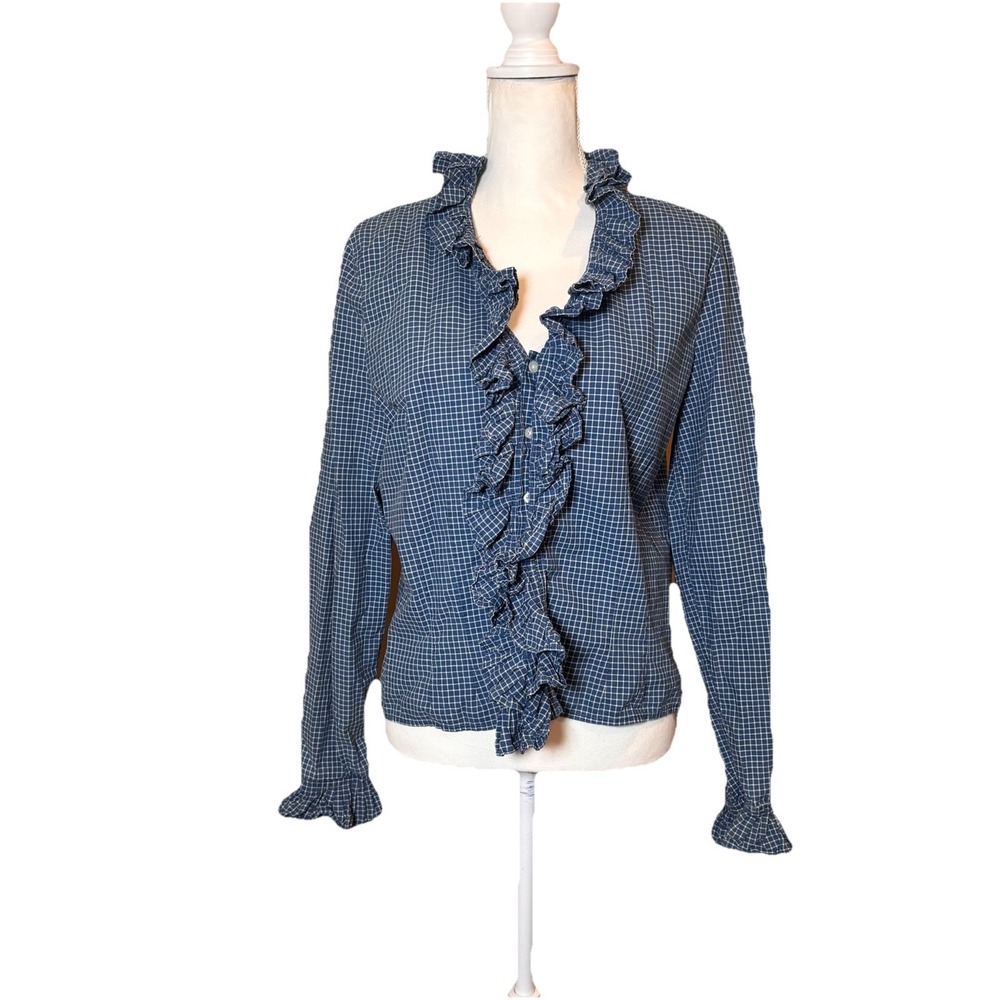 Lauren Jeans Co Ralph Lauren Blouse Size L Blue Check Ruffle Button Front Top